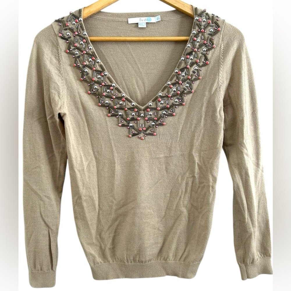 Boden Women's Tan Sand Embellished Beaded V Neck Wool Blend Sweater Size 2‎   XS